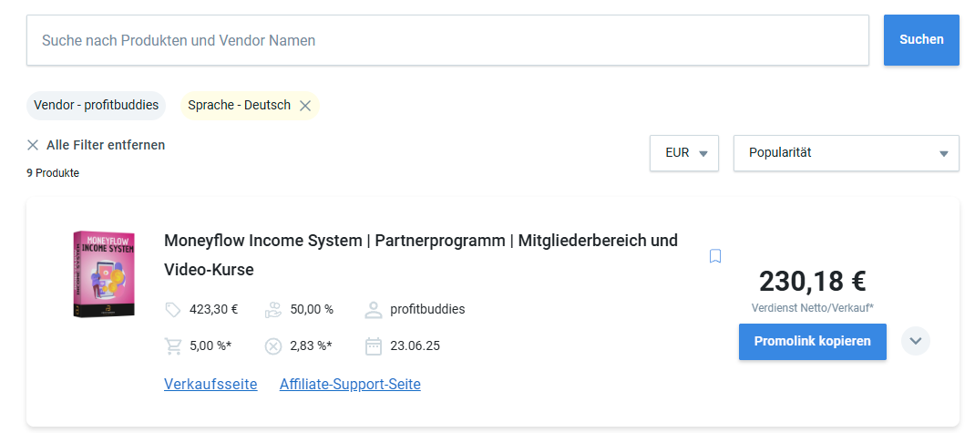 Screenshot des Digistore24-Marktplatzes: Suchfeld, Filter „Vendor profitbuddies“ und „Sprache Deutsch“, darunter das Moneyflow Income System mit Button „Promolink kopieren“