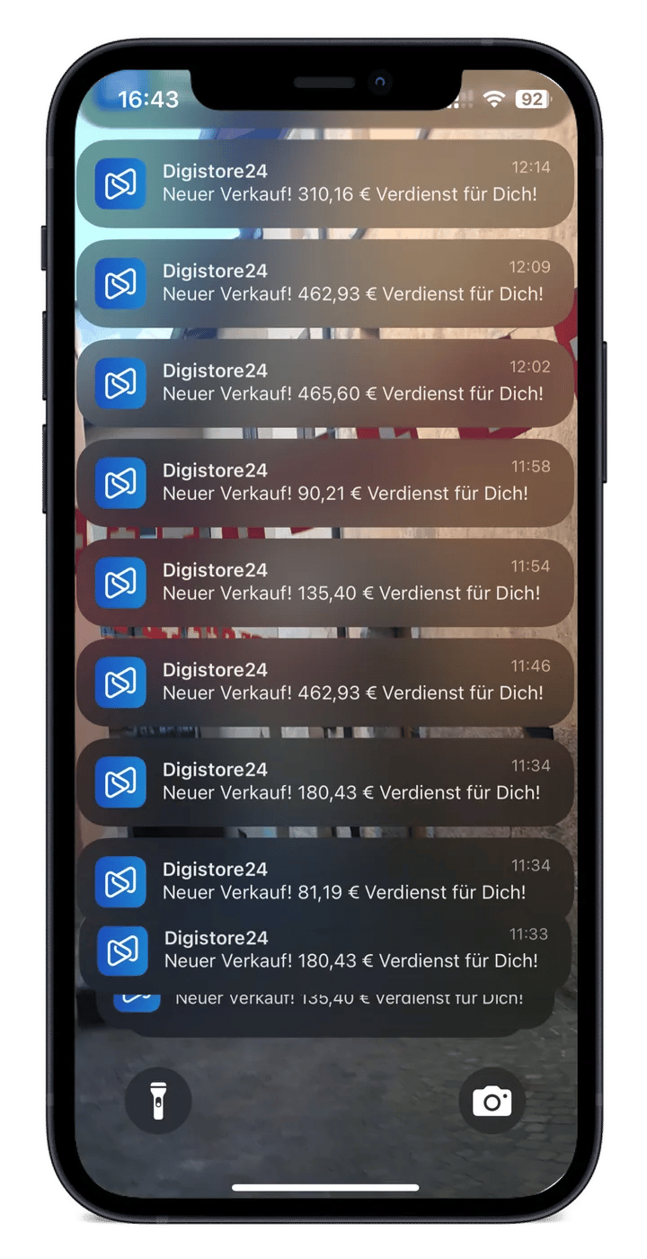 Handy-Bildschirm mit Digistore24-Verkaufsmeldungen, Beispiel 2