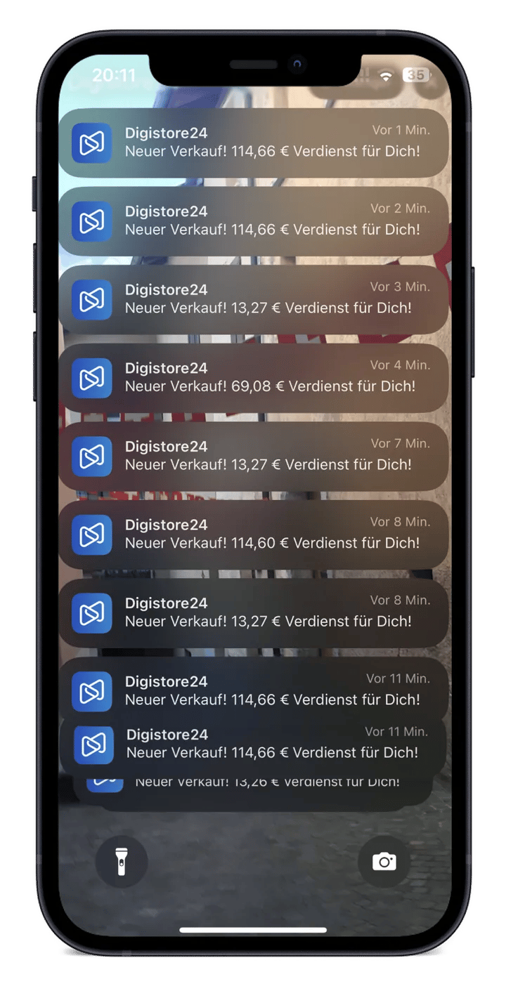 Handy-Bildschirm mit Digistore24-Verkaufsmeldungen, Beispiel 3