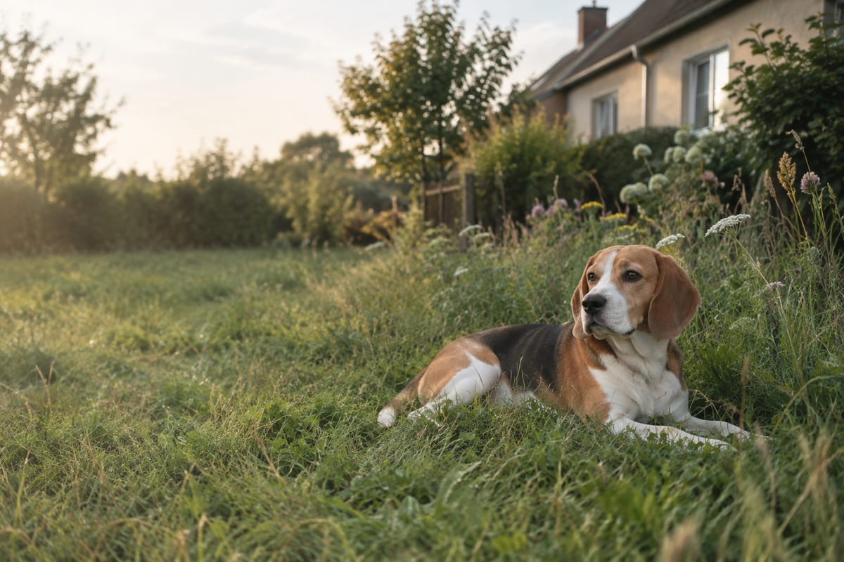 Beagle liegt entspannt in einer Gartenwiese mit hohem Gras und Wildblumen