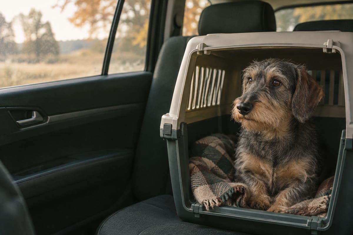 Rauhaardackel sitzt in einer offenen Transportbox auf dem Rücksitz eines Autos