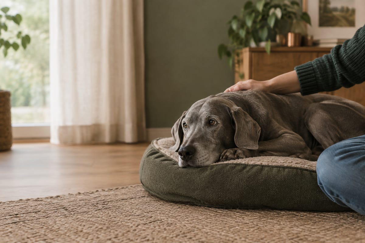 Großer grauer Hund liegt auf seinem Hundebett, eine Hand streichelt ihn