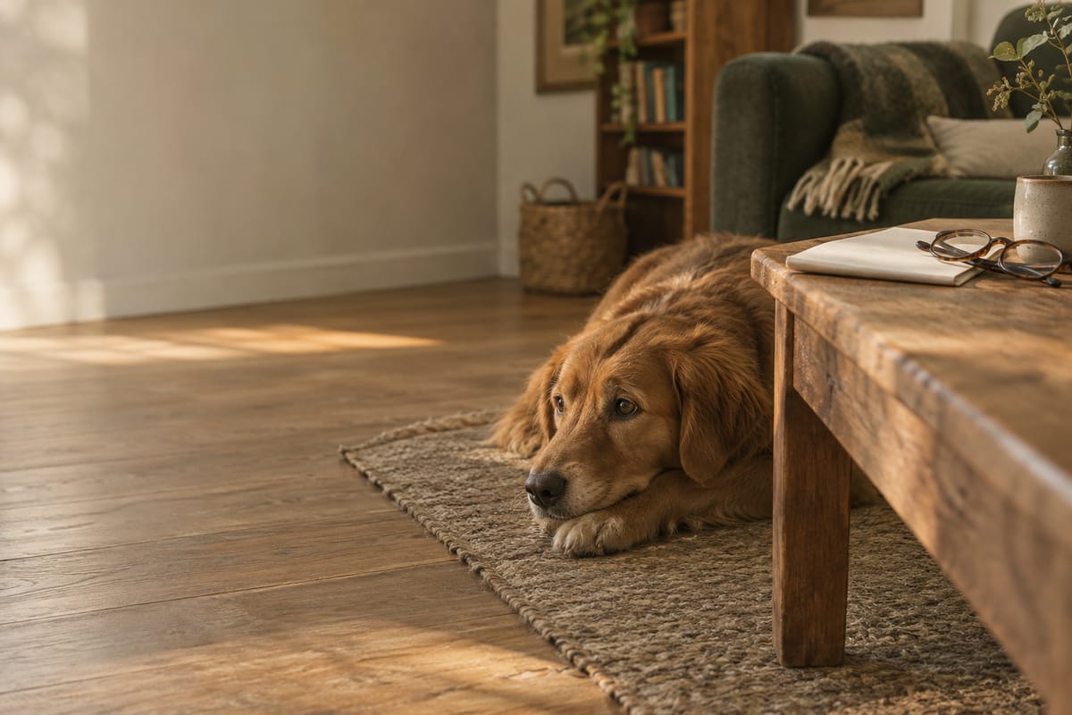 Goldbrauner Hund liegt neben einem Tisch mit Papier und Lesebrille