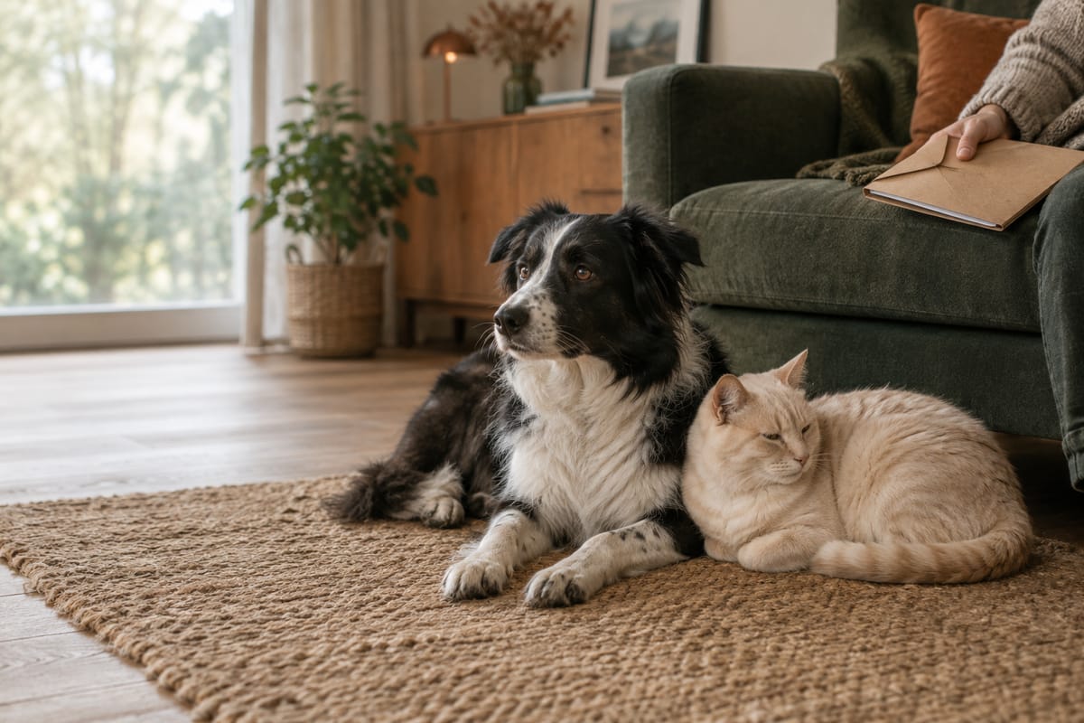 Schwarz-weißer Hund und cremefarbene Katze liegen nebeneinander auf einem Teppich im Wohnzimmer