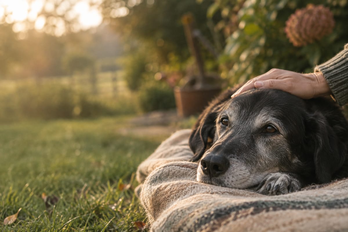Alter Hund mit grauer Schnauze ruht auf einer Decke im Garten, eine Hand liegt auf seinem Kopf