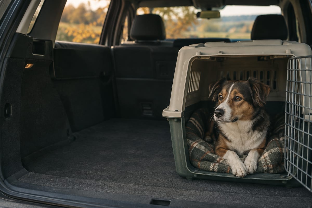 Hund ruht in einer offenen Transportbox im Kofferraum