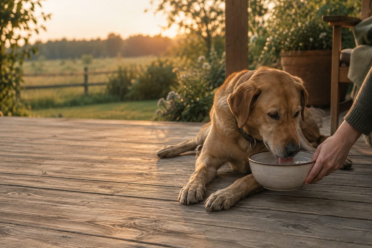 Hellbrauner Hund trinkt auf einer Holzterrasse aus einer Schüssel