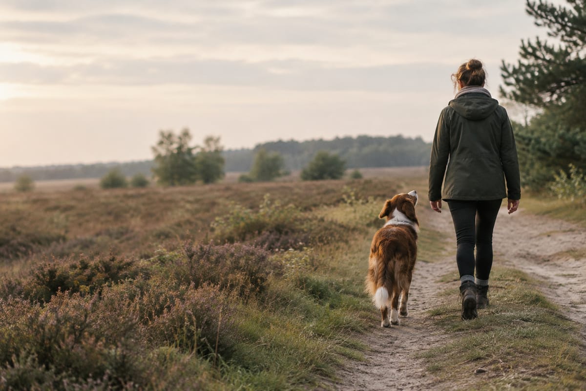 Hund läuft neben seiner Halterin auf einem Heideweg