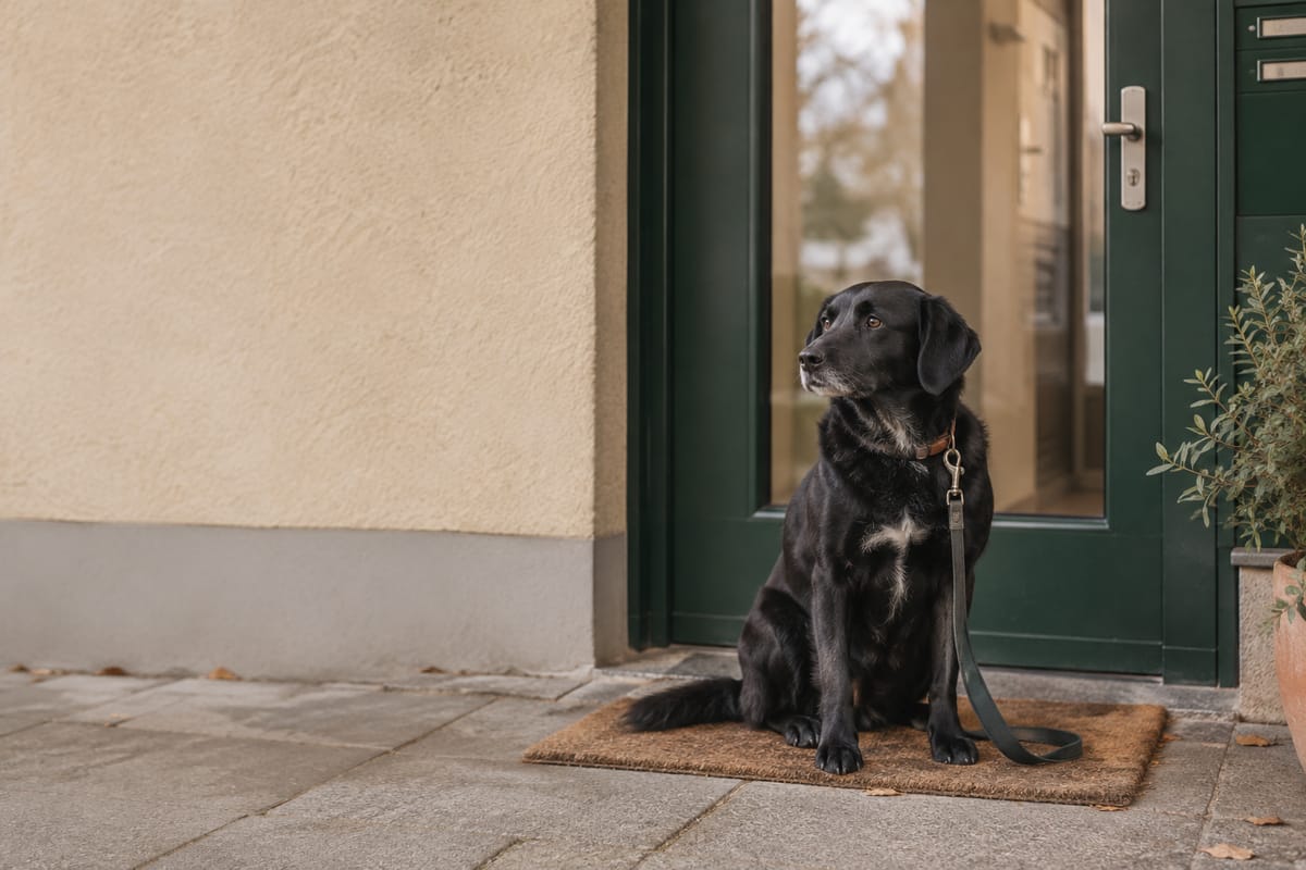 Schwarzer Hund sitzt an der Leine auf der Fußmatte vor einer Haustür