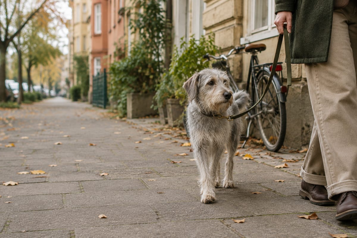 Grauer Rauhaarhund läuft an lockerer Leine über einen Gehweg mit Herbstlaub, daneben ein abgestelltes Fahrrad