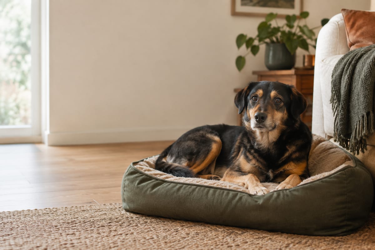 Schwarz-brauner Hund liegt entspannt auf seinem Hundebett im Wohnzimmer