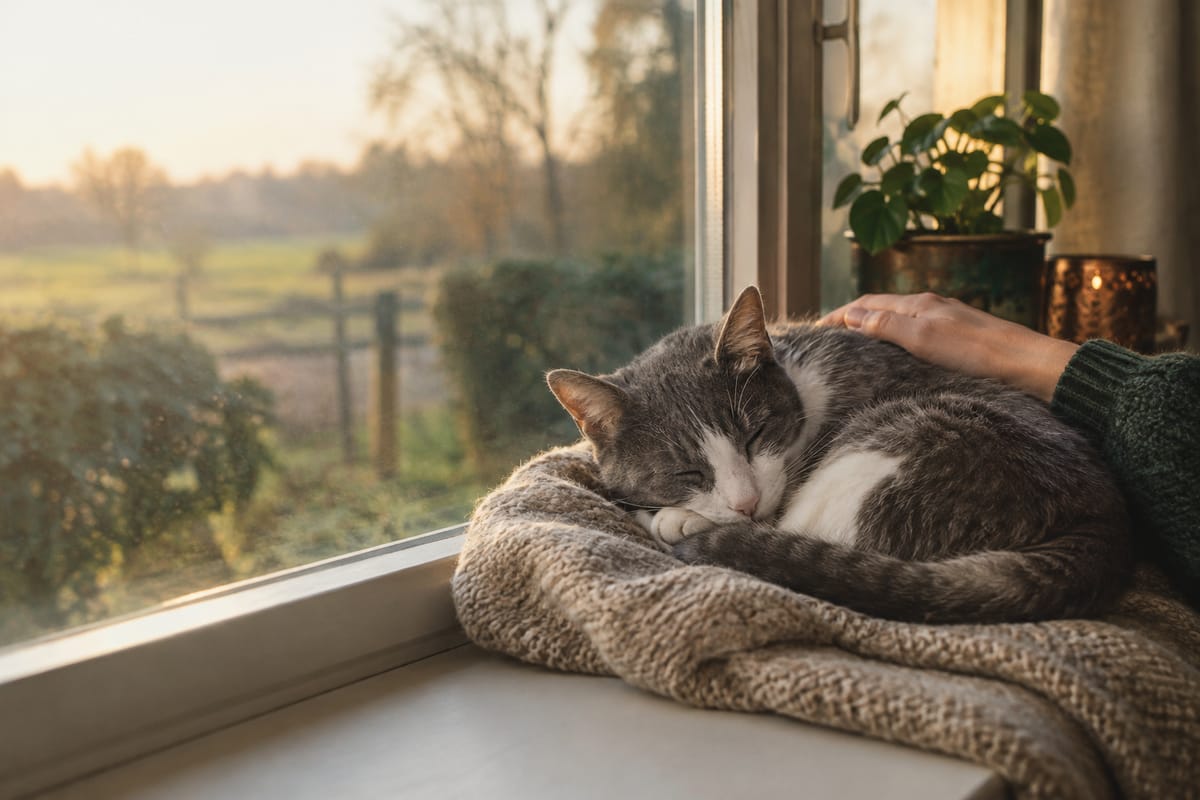 Alte grau-weiße Katze schläft auf einer Strickdecke auf der Fensterbank, eine Hand ruht auf ihrem Rücken