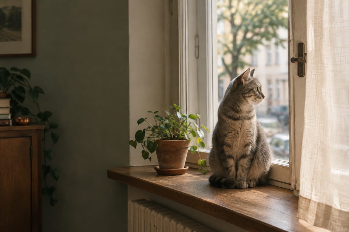 Graue Tigerkatze sitzt auf einer Fensterbank neben einer Topfpflanze und schaut auf die Straße