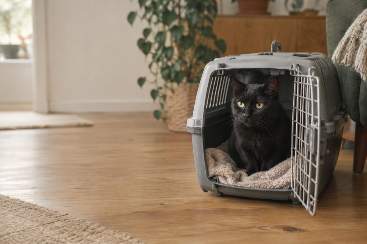 Schwarze Katze sitzt in einer offenen Transportbox im Wohnzimmer