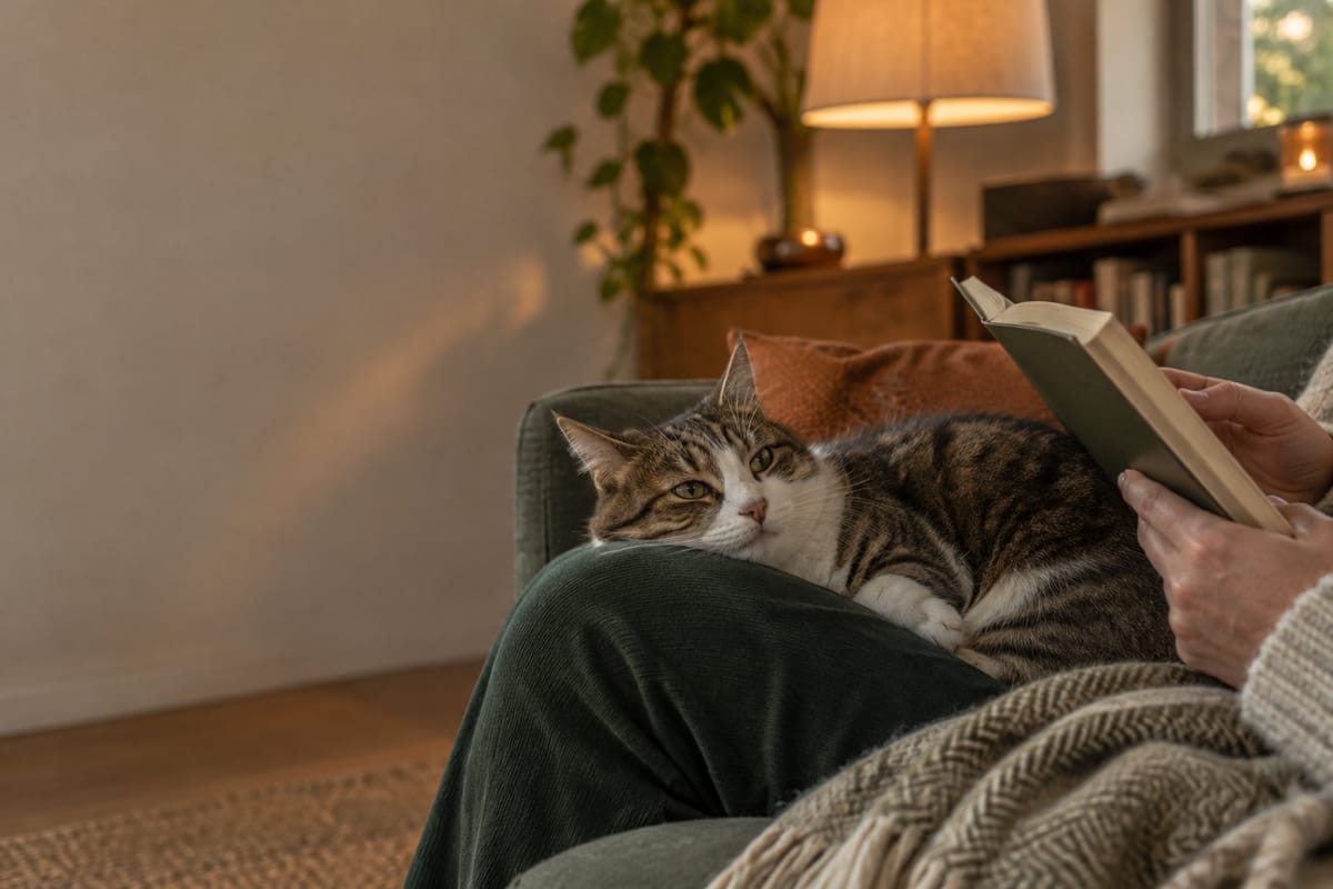 Getigerte Katze liegt auf dem Schoß einer lesenden Person
