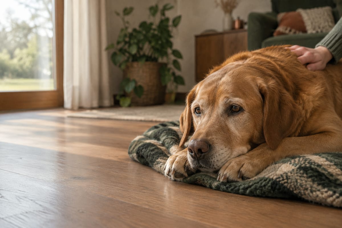 Goldbrauner Labrador liegt ruhig auf einer Decke, eine Hand streichelt seine Schulter