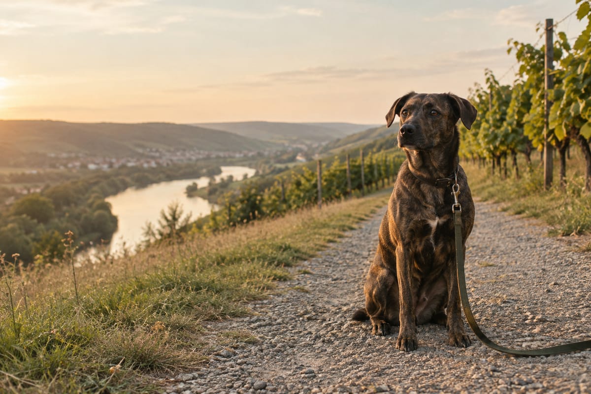 Gestromter Hund sitzt an der Leine auf einem Weg zwischen Weinbergen, im Tal ein Fluss