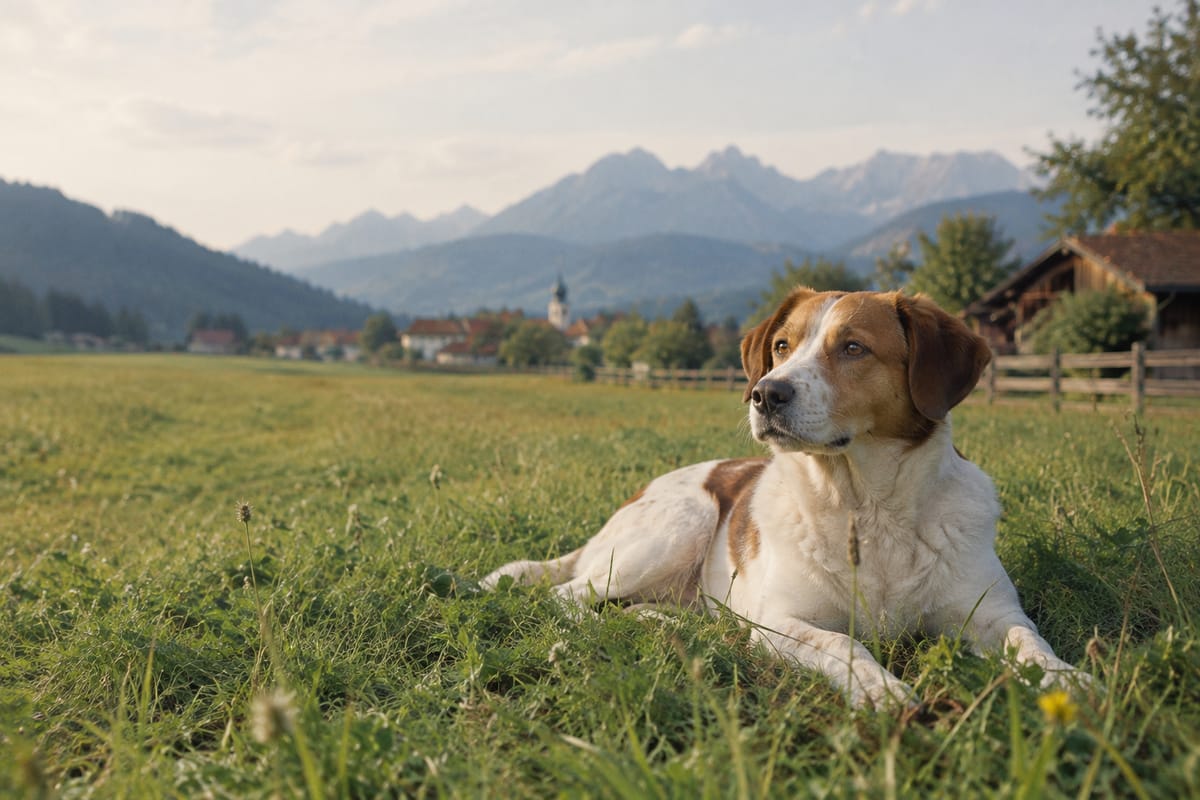 Weiß-brauner Hund liegt entspannt auf einer Wiese, im Hintergrund die Berge