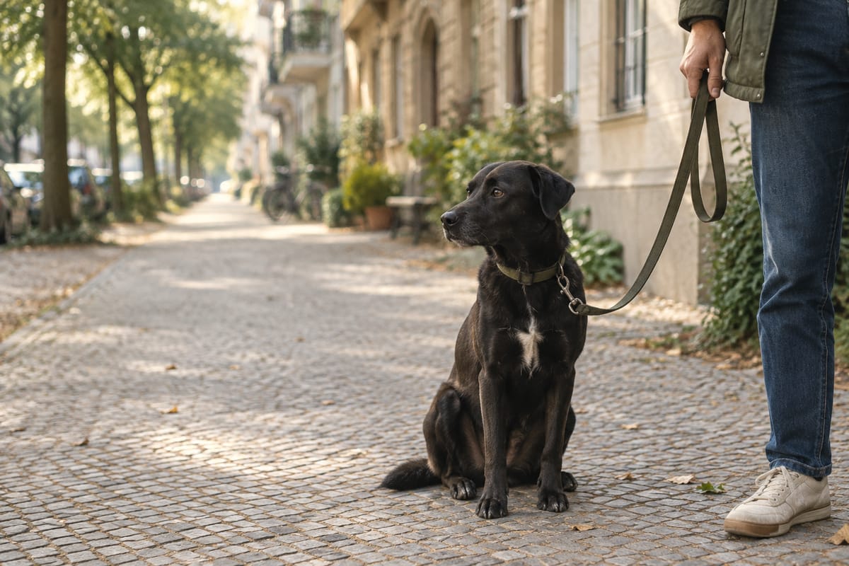 Schwarzer Hund mit weißem Brustfleck sitzt an der Leine auf einem gepflasterten Gehweg vor Altbauten