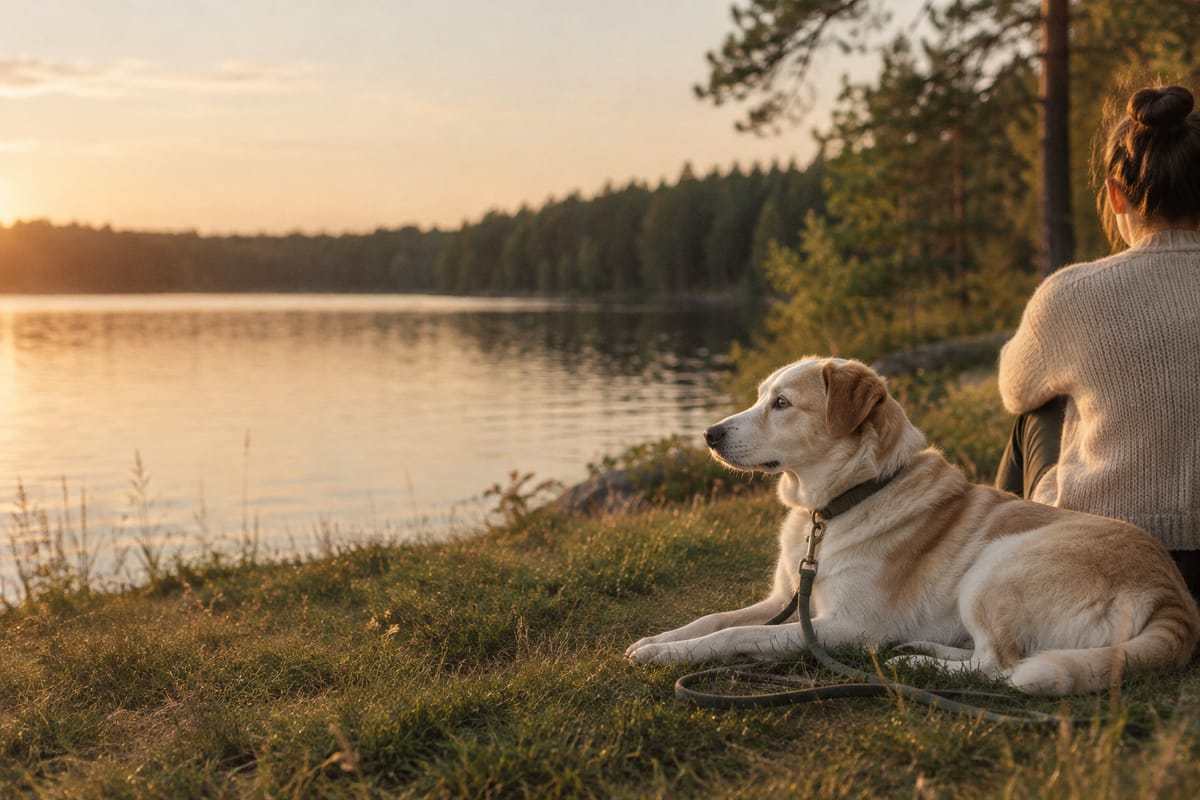 Hellbeiger Hund liegt im Gras am Seeufer, dahinter Kiefernwald im Abendlicht