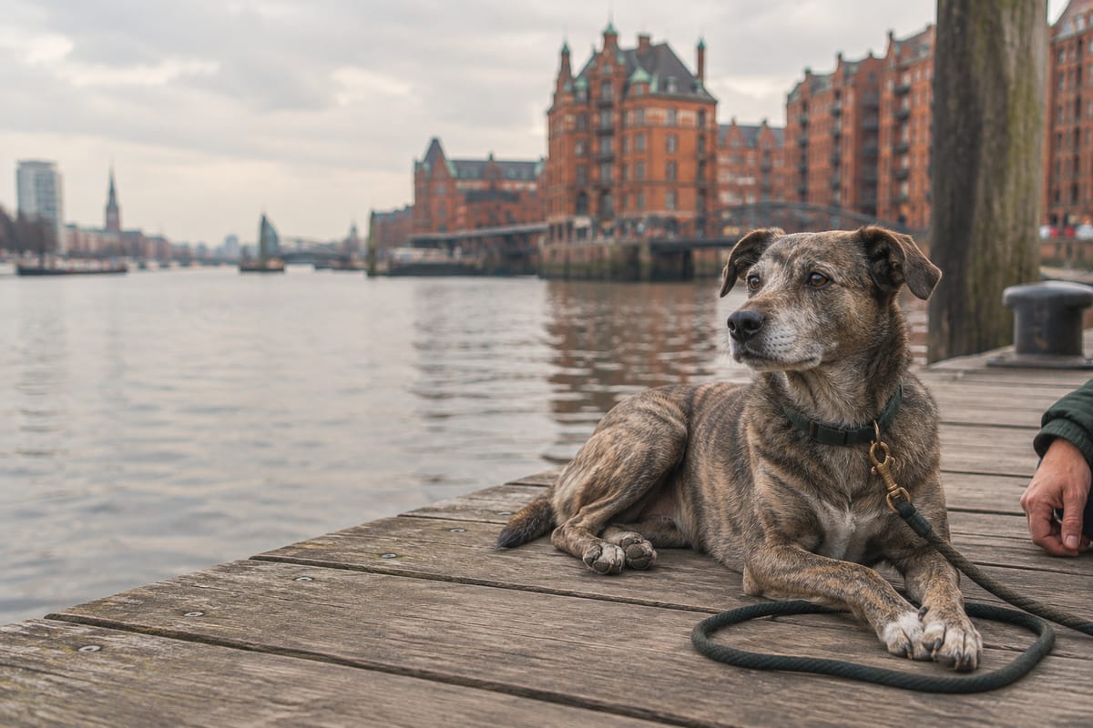 Gestromter Hund liegt auf einem Holzsteg am Wasser, im Hintergrund die Backsteinspeicher der Speicherstadt