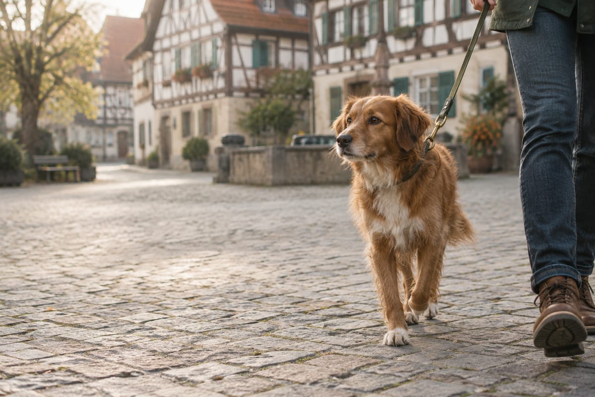 Rotbrauner Mischlingshund läuft an lockerer Leine über einen Marktplatz mit Fachwerkhäusern