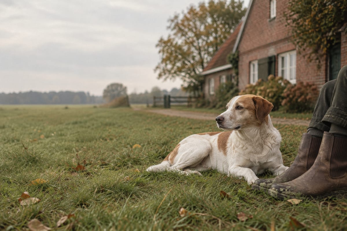Weiß-brauner Hund liegt im Gras vor einem Bauernhaus aus rotem Backstein