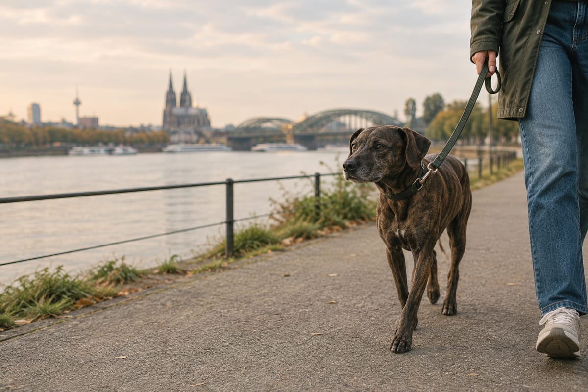 Gestromter Hund läuft an lockerer Leine auf einer Rheinpromenade, im Hintergrund der Kölner Dom