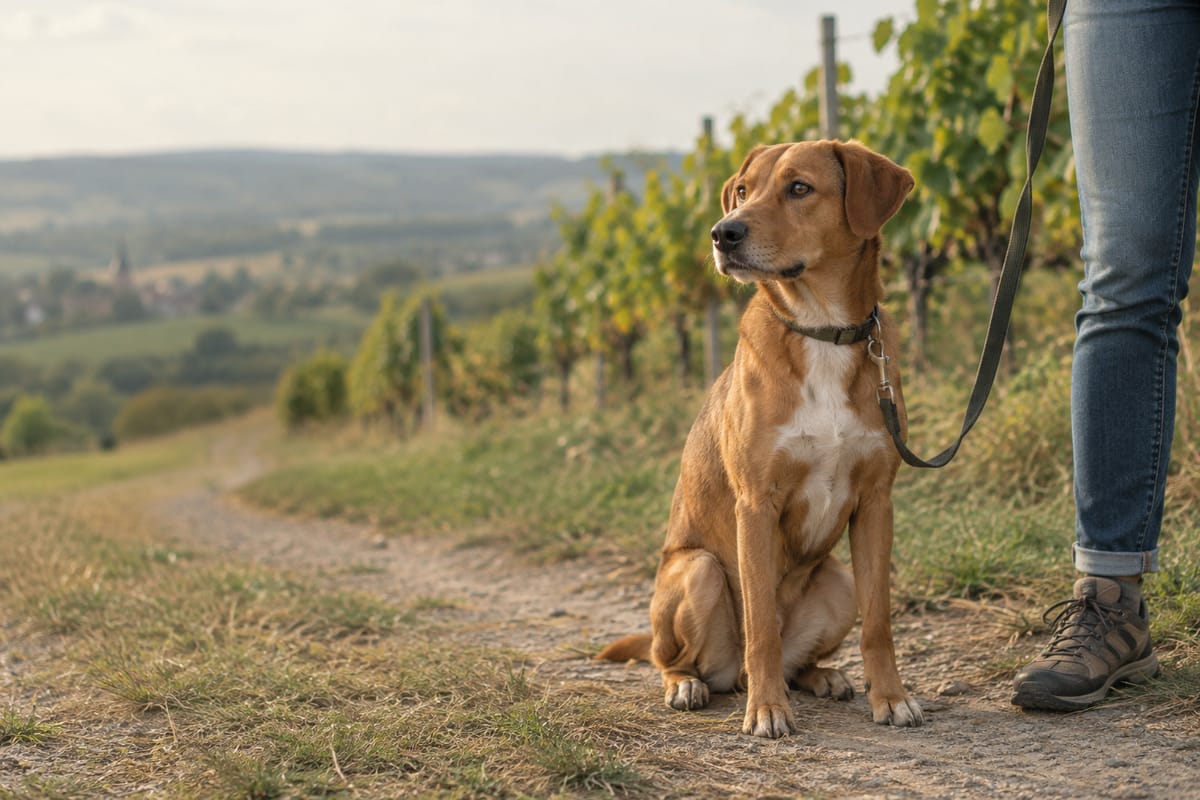 Rotbrauner Hund mit weißer Brust sitzt an lockerer Leine auf einem Weg zwischen Weinbergen