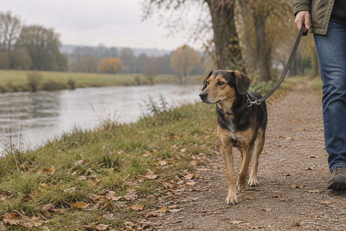 Schwarz-lohfarbener Mischling läuft an lockerer Leine auf einem Uferweg mit Herbstlaub
