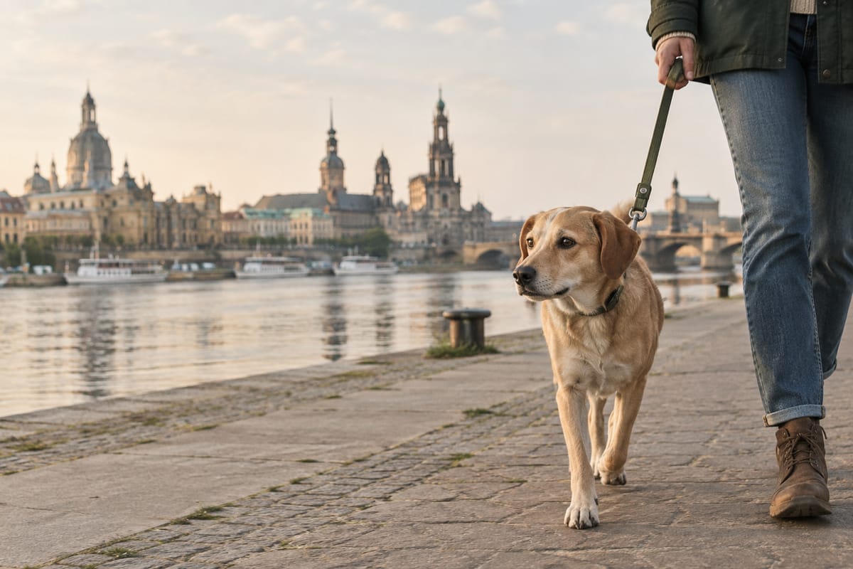 Hellbrauner Hund läuft an lockerer Leine auf der Uferpromenade an der Elbe, im Hintergrund die Dresdner Altstadt