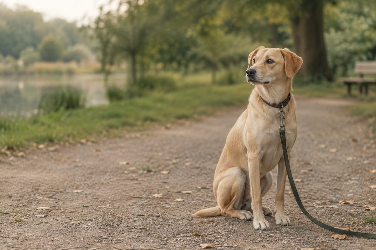 Ruhiger hellbrauner Hund sitzt an lockerer Leine auf einem Parkweg