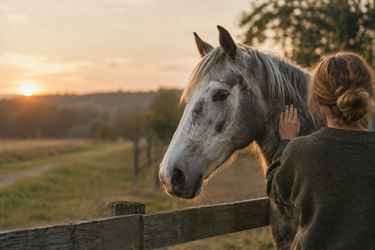 Alter Schimmel steht am Weidezaun im Abendlicht, eine Person legt ihm die Hand an den Hals