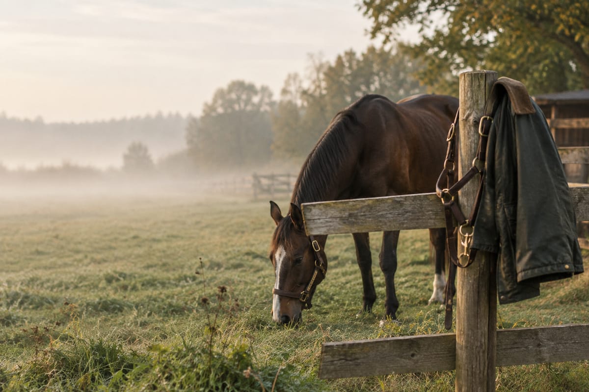 Dunkelbraunes Pferd grast im Morgennebel, Halfter und Jacke hängen am Zaunpfosten