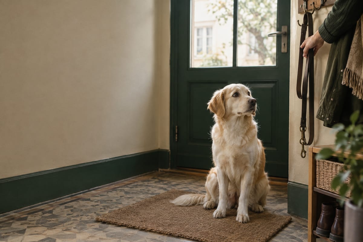 Cremefarbener Hund sitzt im Hausflur auf der Fußmatte, eine Hand greift zur Leine an der Garderobe