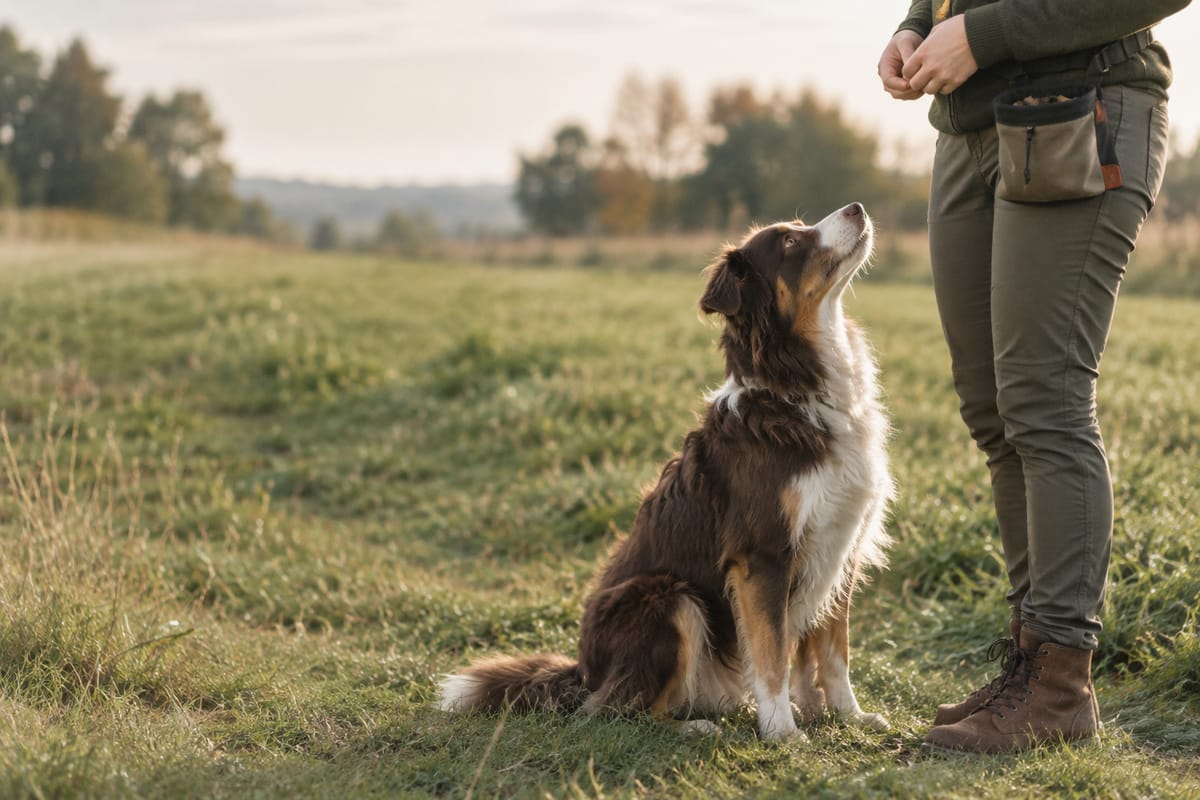Hund sitzt beim Training auf einer Wiese und schaut aufmerksam zu seinem Halter auf