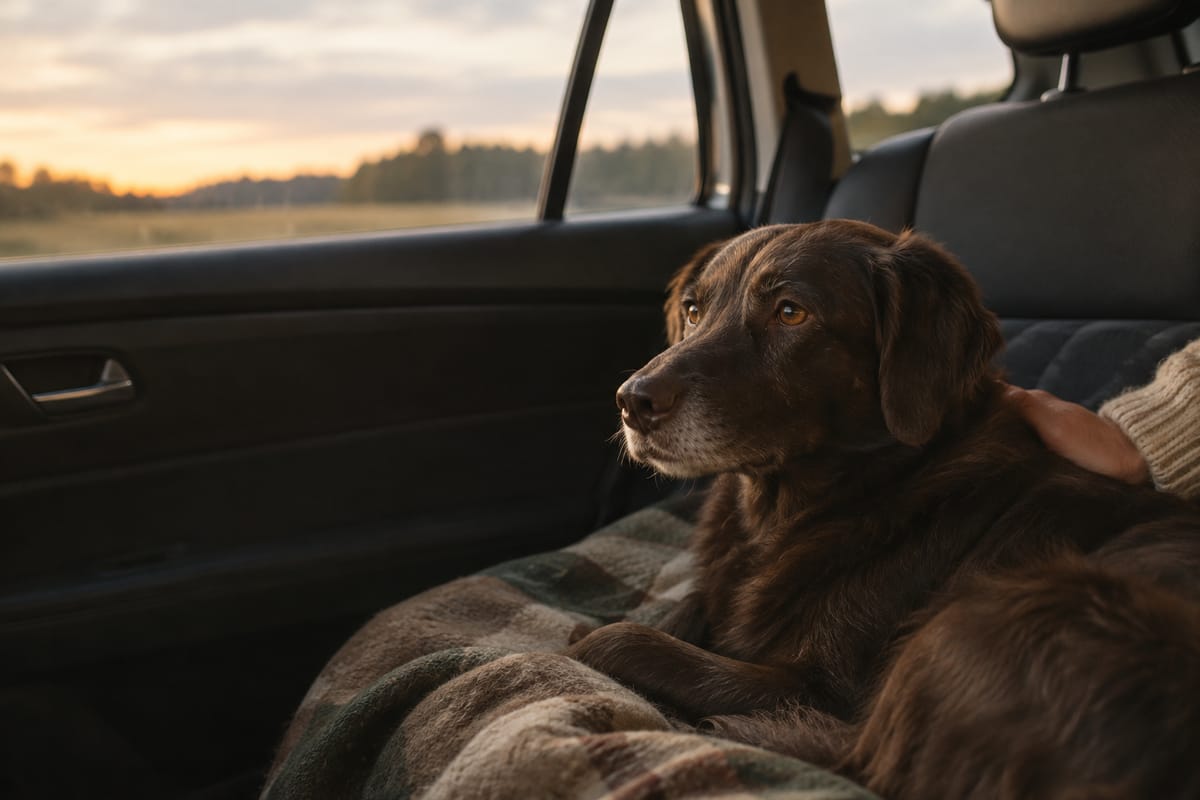Dunkelbrauner Hund liegt in der Dämmerung auf einer Decke auf dem Autorücksitz