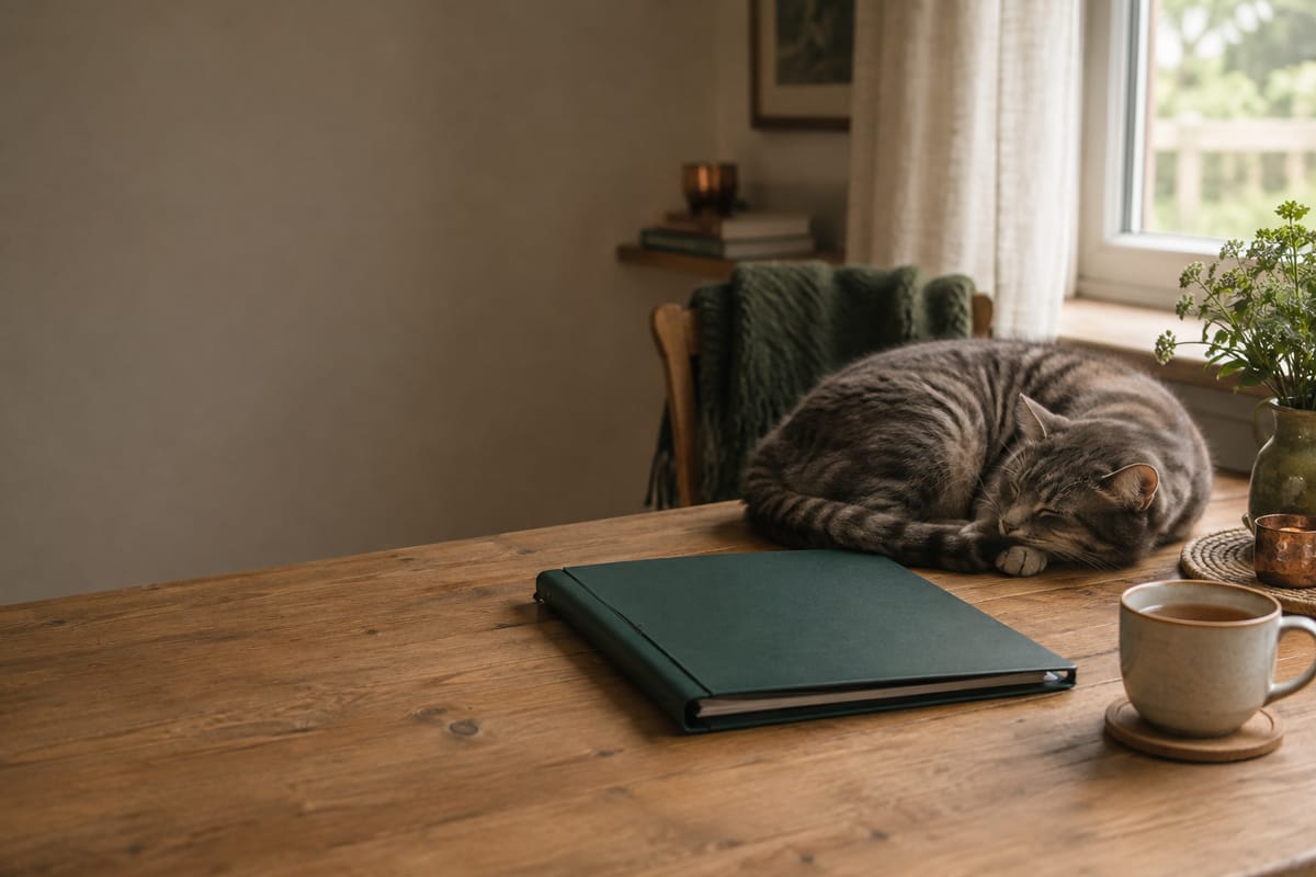Graue Katze schläft auf einem Schreibtisch neben einem geschlossenen Ordner
