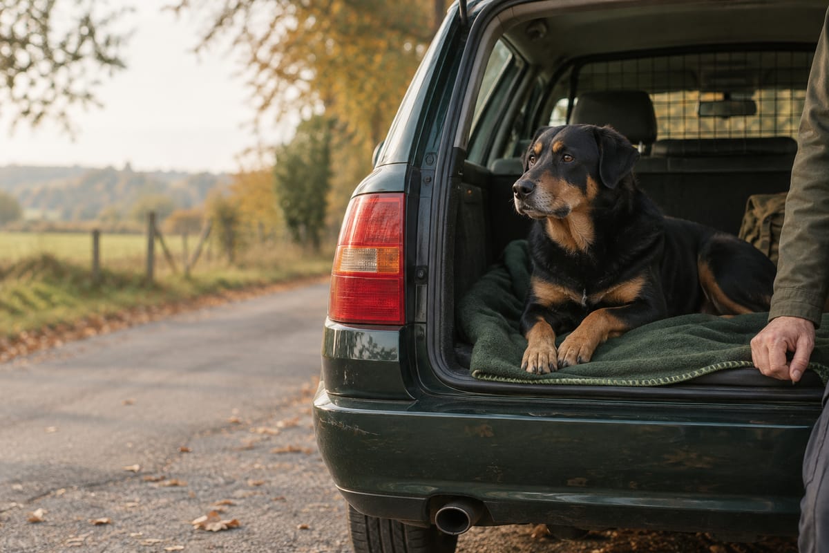 Schwarz-brauner Hund liegt auf einer grünen Decke im offenen Kofferraum, Herbstlicht