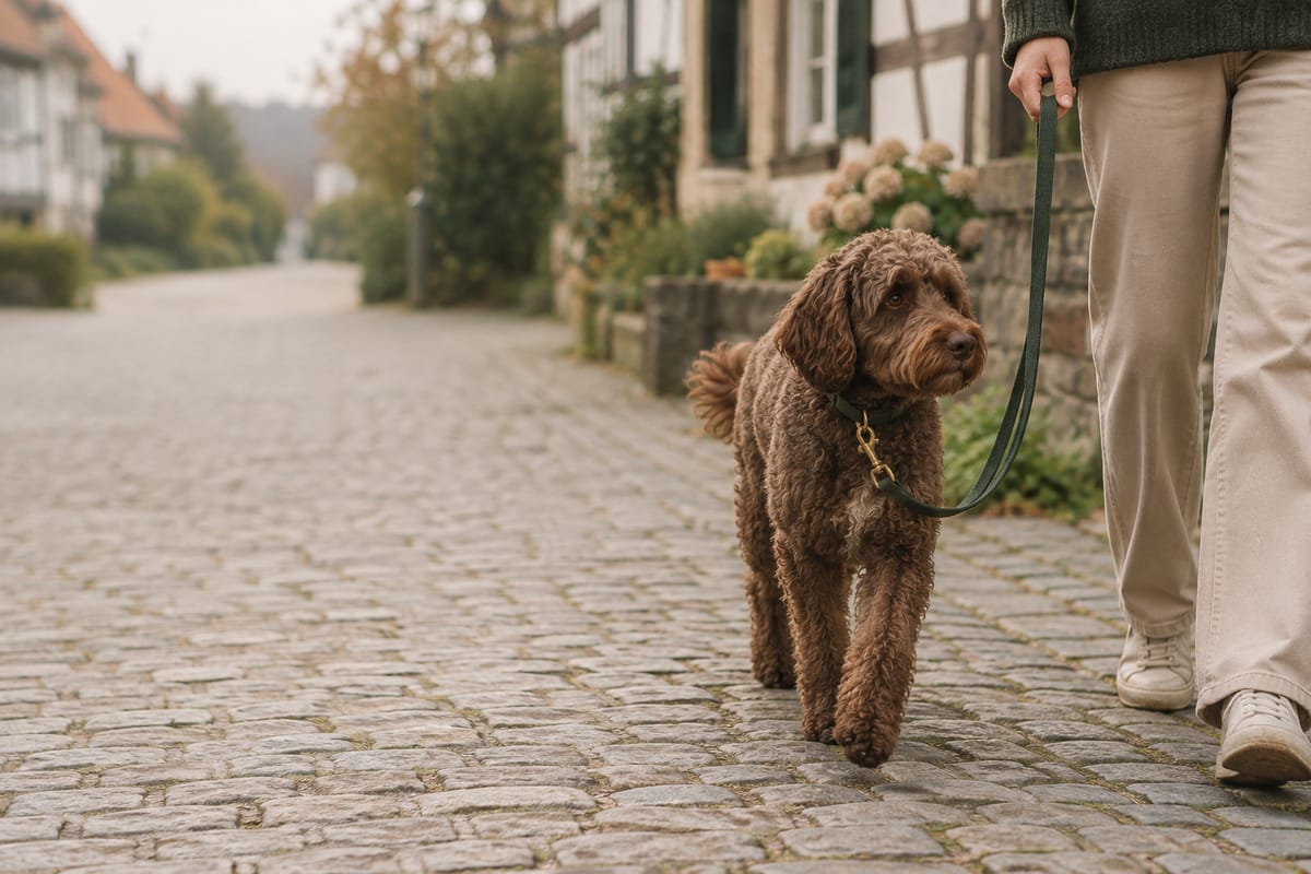 Brauner Lockenhund läuft an lockerer Leine über eine Pflasterstraße