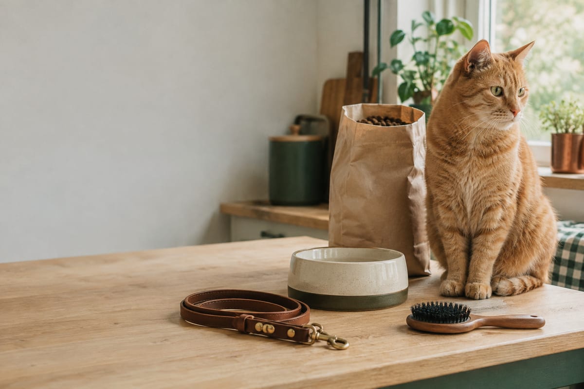Napf, Leine, Bürste und Futtertüte auf einer Küchenarbeitsplatte, daneben eine rote Katze