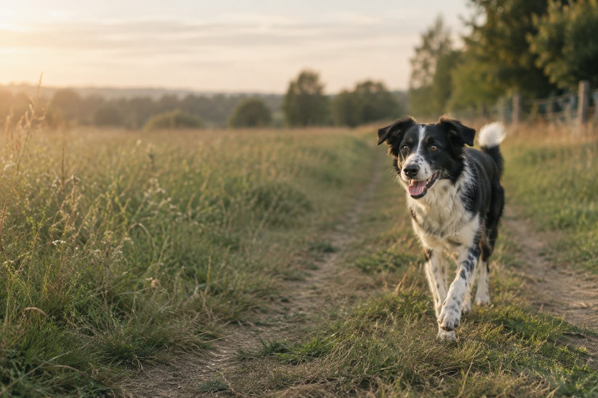 Schwarz-weißer Hund läuft fröhlich auf einem Feldweg