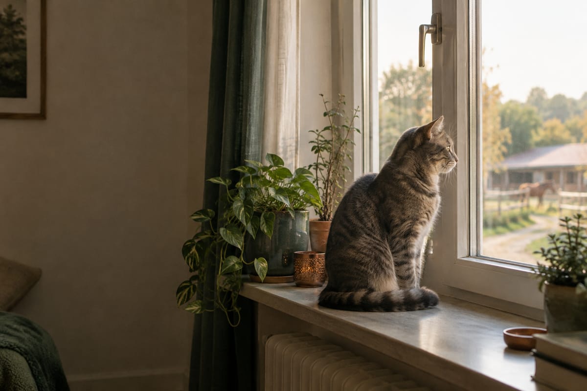 Getigerte Katze sitzt auf der Fensterbank und schaut hinaus