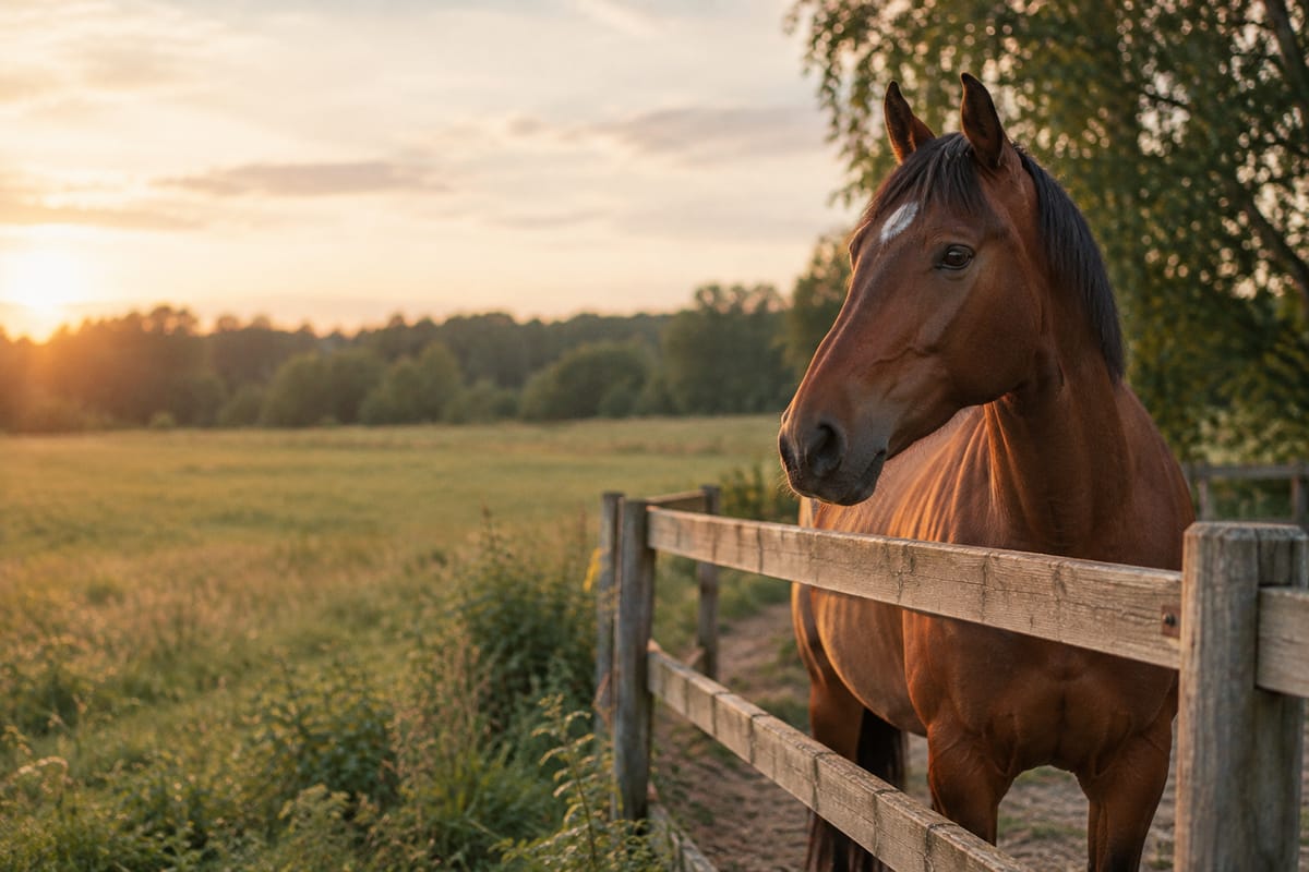 Braunes Pferd steht im Abendlicht am Weidezaun