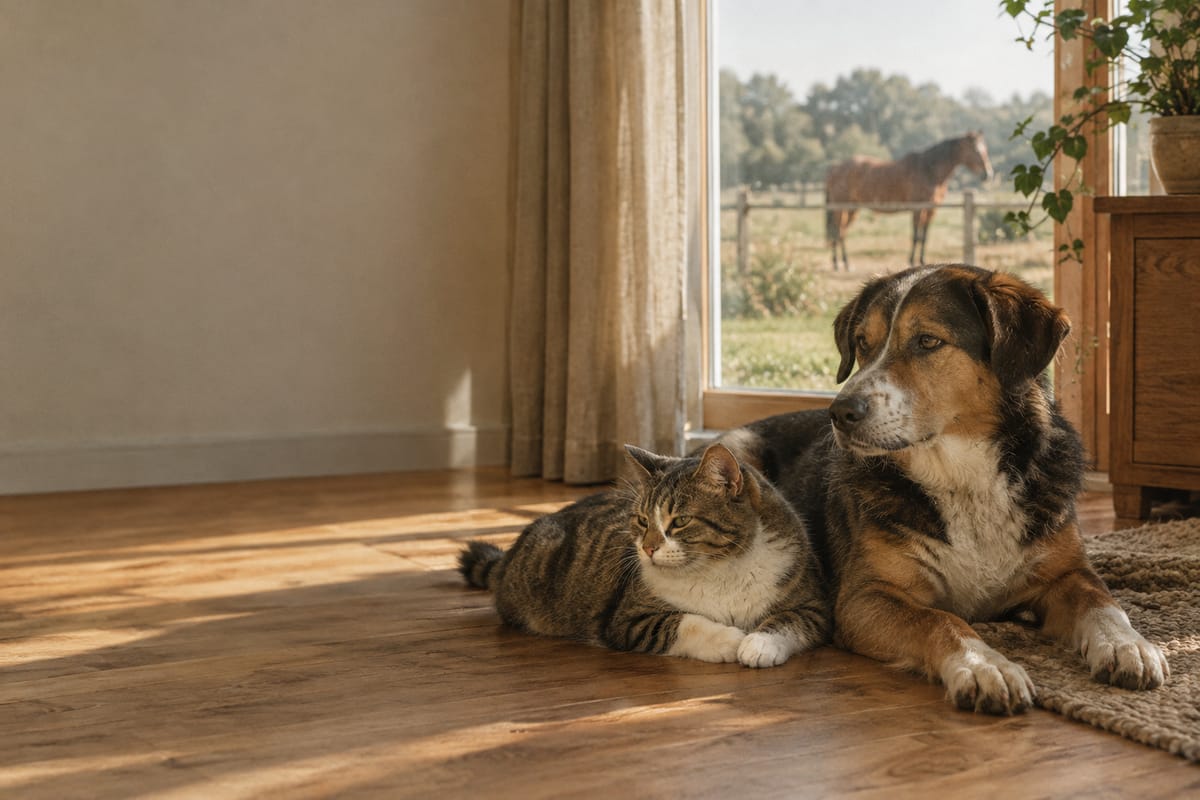 Hund und Katze liegen nebeneinander auf einem Holzboden, im Fenster steht ein Pferd auf der Weide
