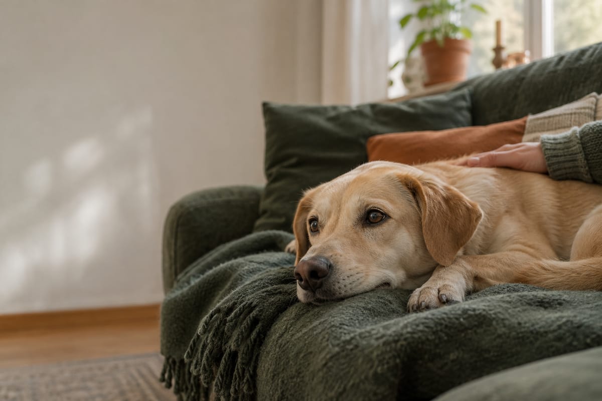 Heller Hund liegt entspannt auf dem Sofa, eine Hand ruht auf seinem Rücken