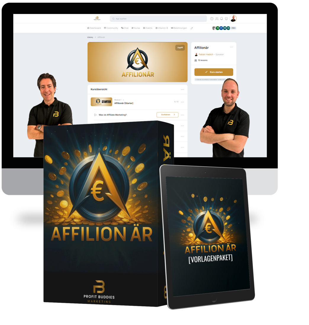 Affilionär Starter Produkt-Mockup mit Boxshot, Tablet und Mitgliederbereich