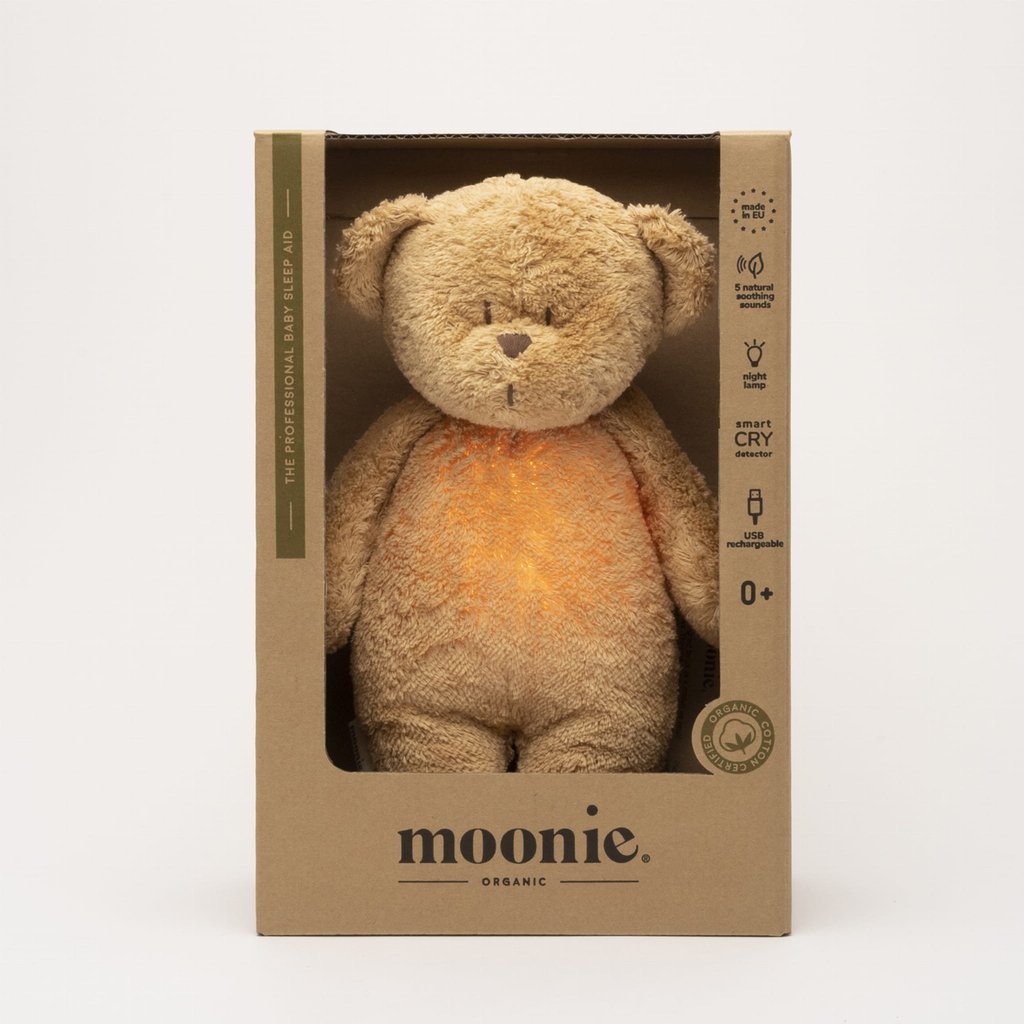 MOONIE Teddybär - Einschlafhilfe mit Nachtlicht aus Bio-Baumwolle, cappuccino