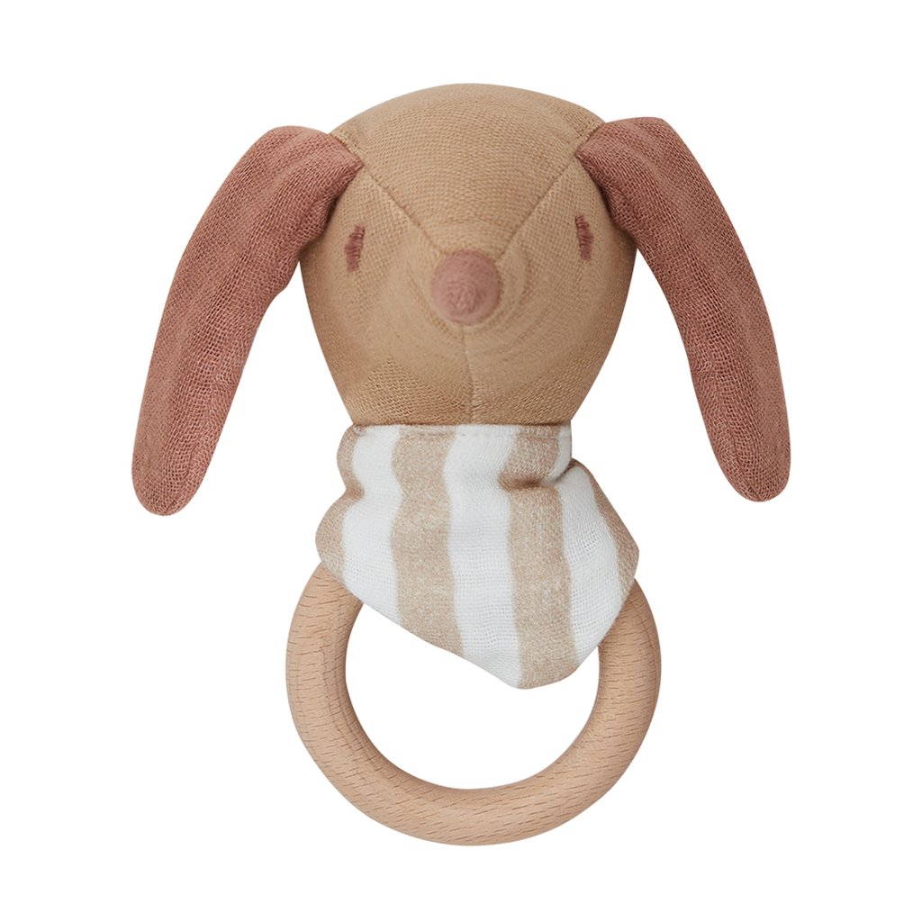 Leevje Baby Rassel Musselin mit Holzring Little Dog, Hazelnut