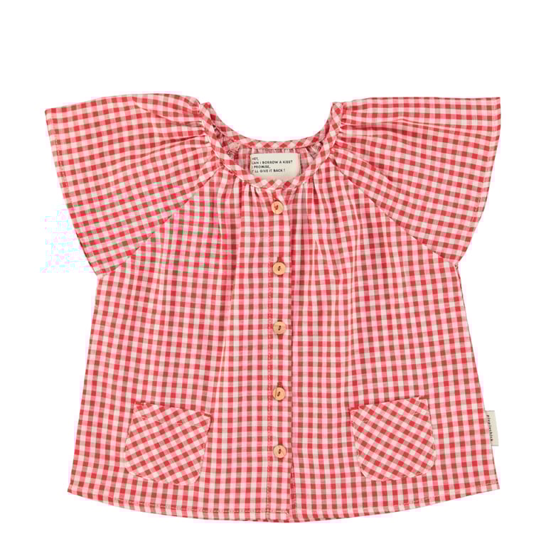 Piupiuchick Bluse mit Butterfly-Ärmeln, Red & Ecru Checkered